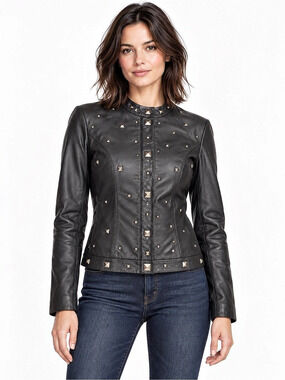 Vintage Lambswool Yvonne & Marie Studded Leather Jacket in Black Small